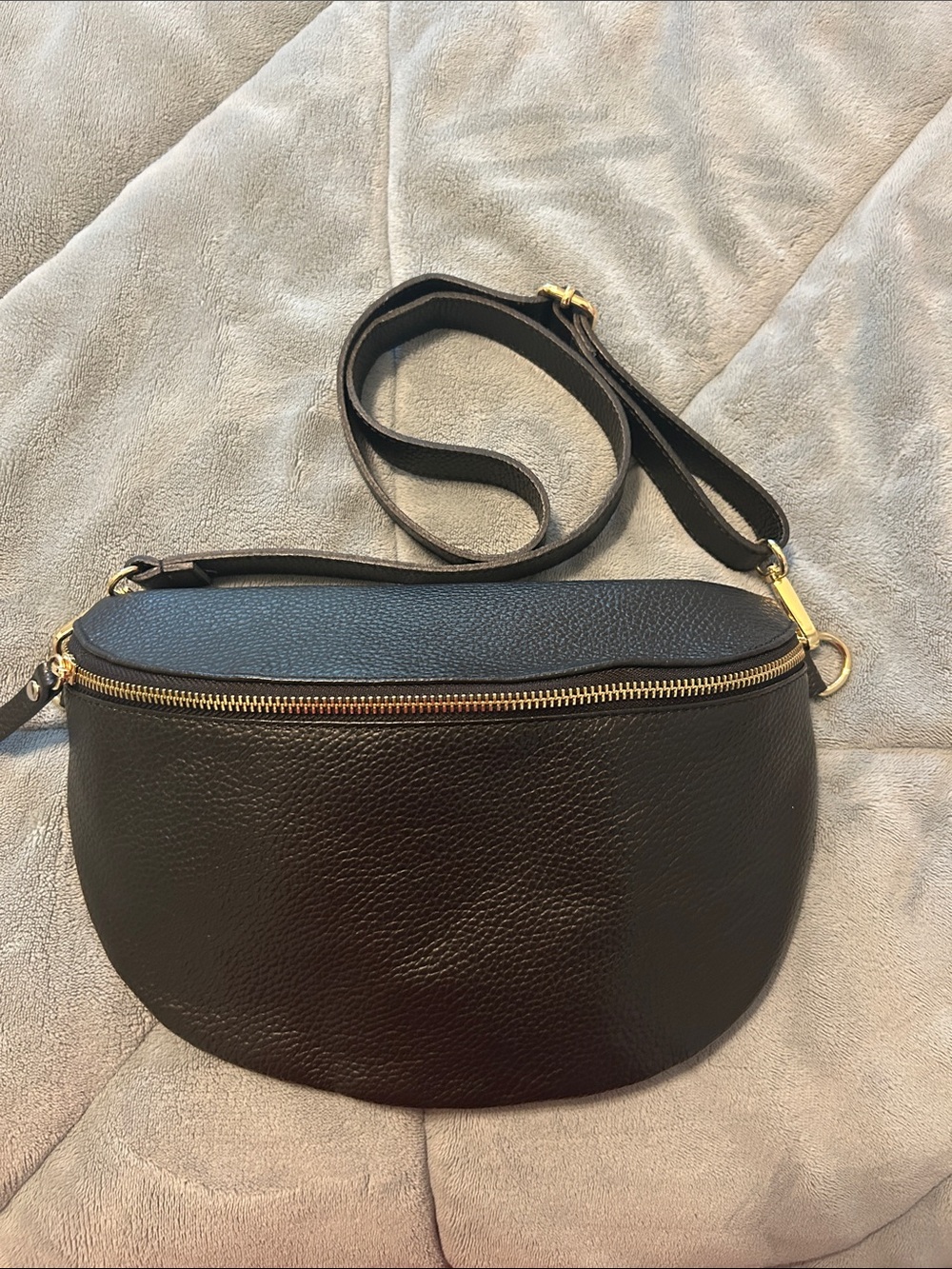 Black Pebble Leather Crossbody Belt Bag with Gold Hardware